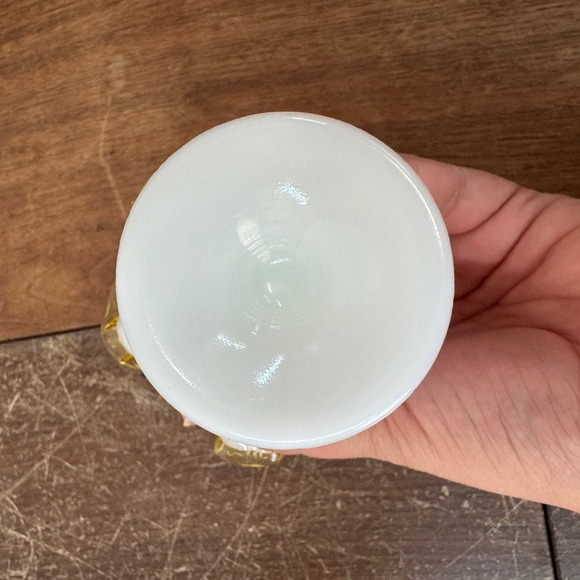 Fenton Yellow Crest Art Glass Vase Ruffled Top Pedestal Base Milk Glass - Picture 7 of 7